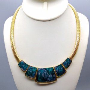 Chic Vintage Pucci Era Crescent Necklace, Gold Tone Omega Chain Choker with Teal